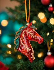 Red Horse Ornament Hanging on a Decorated Christmas Tree with Lights
