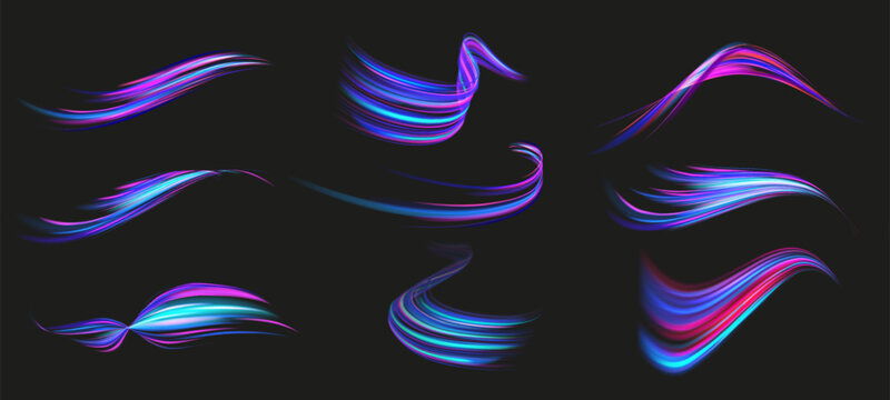 Speed light lines. Fast neon streaks, dynamic glowing energy swirl ribbons, futuristic speed motion effect and colorful motion wave trails. Isolated flowing light vector set.
