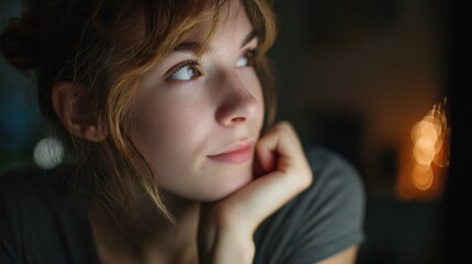 over-the-shoulder shot of a woman previewing her video content on screen, thoughtful expression, cinematic lighting, soft bokeh