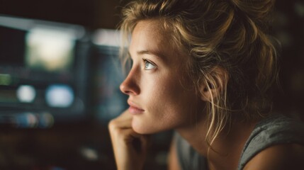 over-the-shoulder shot of a woman previewing her video content on screen, thoughtful expression, cinematic lighting, soft bokeh
