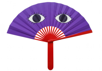 Whimsical purple folding fan with googly eyes and red handle isolated on transparent background