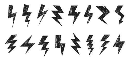 Grunge textured lightning bolt shapes. Rough electric power energy strike symbols, distressed thunderbolt silhouettes and power flash with scratched texture vector set.