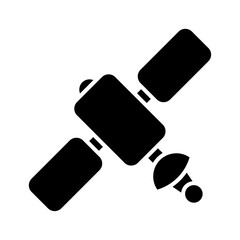 Satellite icon in simple black fill style, vector illustration representing space communication, orbit technology, GPS navigation, astronomy, and science.