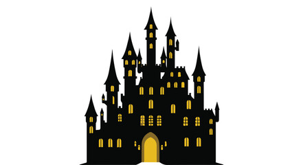 Spooky castle silhouette isolated on white background with glowing windows and intricate architecture, evoking a sense of mystery and enchantment