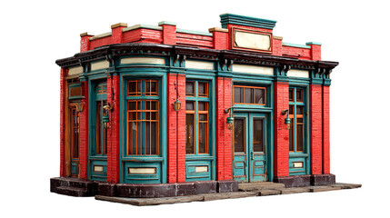 Ornate red and teal brick building facade architectural detail on transparent background