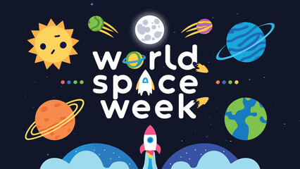 Vector art of world space week celebration with cartoon planets, sun, moon, rocket, and stars in a dark sky with clouds