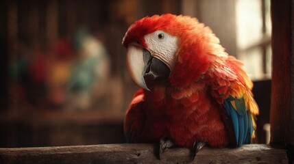 parrot with bright feathers sitting calmly on a perch in indoor sunlight, photorealistic details