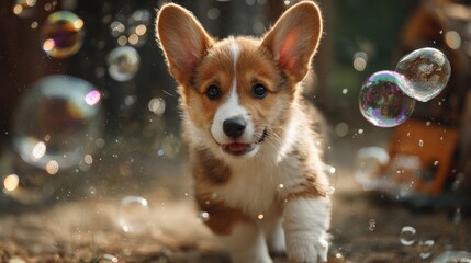 playful corgi puppy chasing soap bubbles in a backyard, natural sunlight, vibrant colors