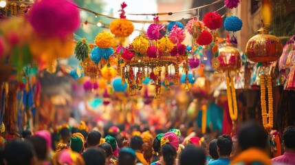 Vibrant Indian Bazaar Scene Featuring Colorful Decorations and Crowded Streets
