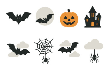 Fototapeta premium Halloween symbols: bats, full moon, jack-o'-lantern, haunted house, spiders, clouds, web