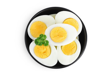 Boiled chicken egg in ceramic bowl isolated on white background. Top view. Flat lay