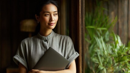 Southeast Asian woman walking through home holding laptop, pausing at window with calm, thoughtful look, natural daylight