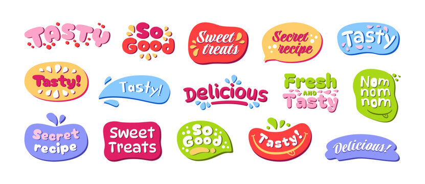 Tasty icons. Delicious label, secret recipe emblem, sweet treats sticker, nom nom lettering, so good sign, fresh and tasty badge designs for food promotion vector set.