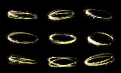 Magic circle glow. Shining golden light rings with sparkles, glowing swirl effect and glittering energy trails. Abstract magical halo, luminous circular motion and sparkling vortex loop vector set.