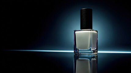 Minimalist composition featuring glossy black nail polish bottle against dark background, reflecting light beautifully. sleek design and high fidelity create elegant atmosphere