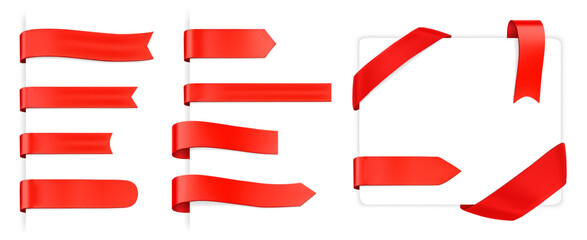 Ribbon tag. Blank folded corner ribbons and edge label banners, glossy red bookmark tags for promotion title, sale price, discount and advertising designs. Isolated realistic vector elements set.