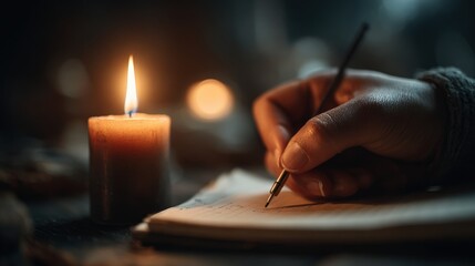 tight shot of candle flame flickering next to a focused writer hand on notebook, dark moody background, warm light, ambient stillness in motion