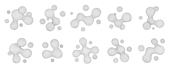 Abstract 3D metaball wireframe shapes. Geometric mesh liquid blobs, connected cell form grid structures and polygonal digital molecule forms. Futuristic metaballs vector set with editable stroke path.