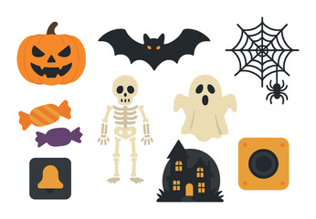 Halloween symbols: pumpkin, bat, skeleton, ghost, spider web, haunted house