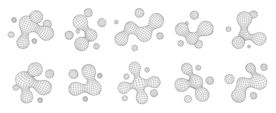 Abstract 3D metaball wireframe shapes. Geometric mesh liquid blobs, connected cell form grid structures and polygonal digital molecule forms. Futuristic metaballs vector set with editable stroke path.