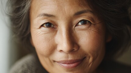 ultra-realistic close-up portrait of a middle-aged Asian woman with soft wrinkles and kind eyes, subtle smile, natural window light, clean home background, authentic emotion