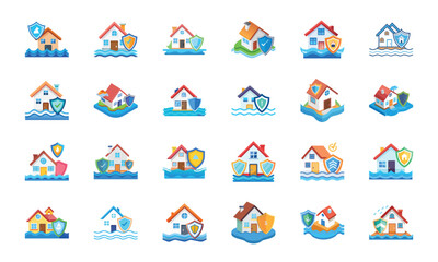 Home Insurance and Property Protection Icons Set – Financial Security, Mortgage Safety, House Fire and Flood Risk, Real Estate Coverage, Banking Security, Business Insurance, Money Protection, Investm
