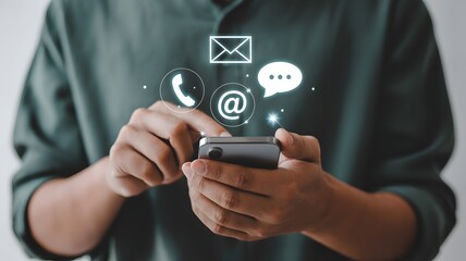 Contact Us concept, Smartphone virtual icons for email, phone, address, and live chat assistance to support digital customer services, Digital business contact service, Online support.