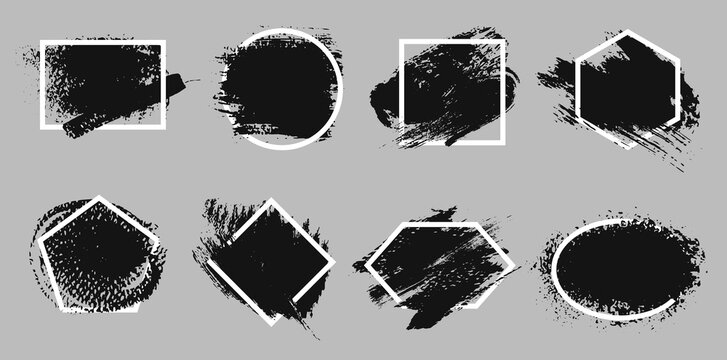 Grunge frames. Abstract brush stroke borders, linear geometric shapes with paint splatter texture and grungy smudge for posters, banners and sticker designs. Ink splash label templates vector set.