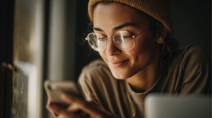 warm close-up of a young person smiling while working on phone beside laptop, modern apartment, daylight from side window