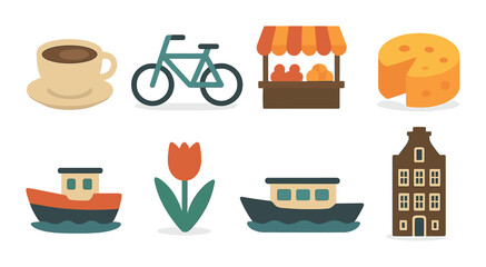 Retro dutch icons: coffee, bicycle, market, cheese, boat, tulip, house