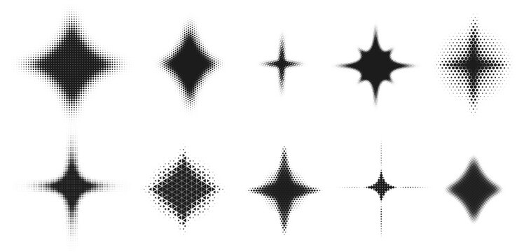 Halftone spark shapes. Abstract starburst and glowing sparkle effect, dotted gradient light flash, retro comic halftone explosion and shining sparkle star dotwork icons vector set.