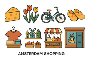 Fototapeta premium Amsterdam icons: tulips, cheese, wooden shoes, canal houses, and market stalls