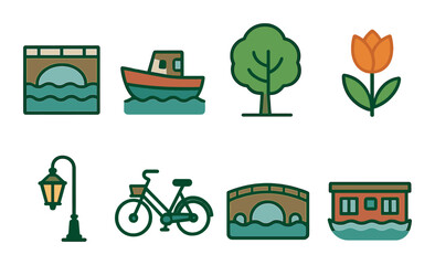 Nature and transportation icons: boat, tree, flower, lamp, bicycle, bridge