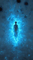 Obraz premium Human silhouette glowing with vibrant blue energy particles in abstract space.