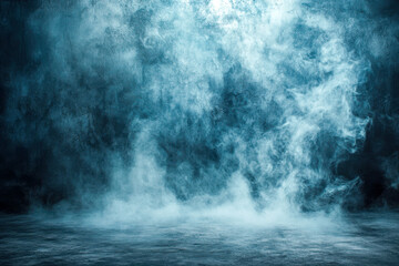 Fototapeta premium Abstract studio background with thick blue smoke and atmospheric fog rising from textured concrete floor and dark wall surface.