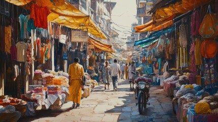 Vibrant bustling open air market scene with shoppers and diverse merchandise