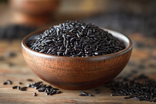 Close up of uncooked black forbidden rice grains piled high in a rustic wooden bowl with scattered grains on a textured wooden table.