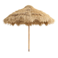 straw umbrella with a sturdy wooden pole, isolated on transparent background
