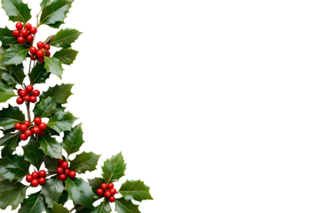 Christmas Holly Sprig PNG – Red Berries & Green Glossy Leaves – Left Side Clipart – Transparent Background – Holiday Decoration Element