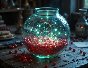 Magical glowing network of light within a jar filled with vibrant red berries
