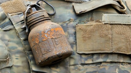 A rusty, old hand grenade is attached to a worn camouflage vest