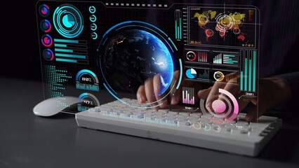 High-tech global network connection interface showing worldwide digital communication, data exchange, and internet connectivity. Global connection, data interaction, and worldwide communication. Thunk