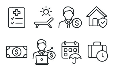Black gradient icons: financial business, health, security, travel, and relaxation themes