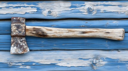 Rusty axe with weathered wooden handle against a blue, aged wooden wall