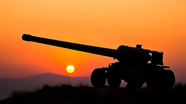 Silhouetted artillery piece on a hilltop at sunset