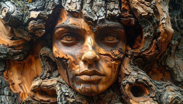 Carved wooden face in tree bark texture