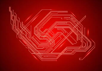 Abstract red circuit board design, intricate lines and glowing effects.