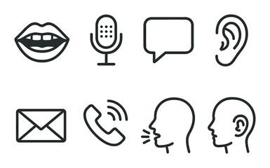 Communication icons set: audio speech conversation listening contact