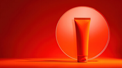 Bright orange tube on circular display against vibrant red background, showcasing modern design and minimalism. composition evokes sense of freshness and creativity