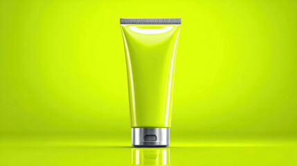 Bright and vibrant yellow tube stands against neon lime background, showcasing modern design perfect for cosmetic or skincare products. sleek packaging adds touch of elegance and freshness